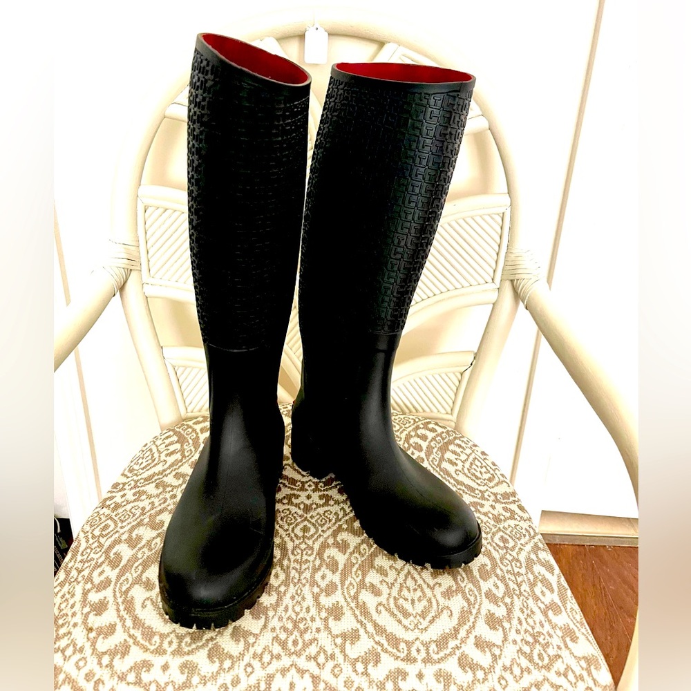 Tommy Hilfiger Black Raised Monogrammed Knee-High Rubber Rain Boots - Picture 1 of 14